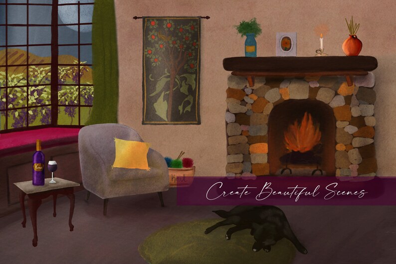 May include: A cozy living room with a fireplace, a comfy armchair, a side table with a bottle of wine and a glass, and a dog sleeping on a rug. The fireplace has a roaring fire and the room is decorated with a tapestry and plants. The text "Create Beautiful Scenes" is visible in the image.