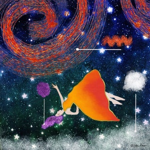 May include: A woman in a flowing orange dress floats in a starry night sky. She reaches out to a purple balloon with a string attached. The background is a dark blue with white stars and a swirling red and blue nebula.
