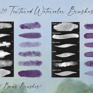 May include: A set of 24 textured watercolor brushes, with names like "Lunch By The Garden", "Furry Fluff", "Cloudy Wash", "Topiary", "Flower Power", "Marble Wash", "Fluffy", "Chameleon", "Ripe Earth", "Satin", "Lush & Plush", and "Light & Airy". The brushes are shown in two columns, with the left column showing the brushes in white and the right column showing the brushes in purple. The image also includes the text "Plus 4 Bonus Brushes!"