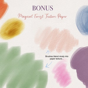 May include: A collection of colorful brushstrokes on a textured paper background. The text "BONUS Magical Forest Texture Paper" is written in cursive at the top of the image. The brushstrokes are in shades of orange, yellow, green, pink, purple, and blue.