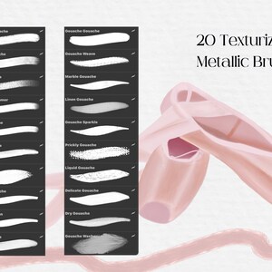 May include: A set of 20 digital gouache brushes for use in digital art programs. The brushes are shown as white strokes on a black background. The text "20 Texturized & Metallic Brushes" is displayed in the upper right corner of the image.