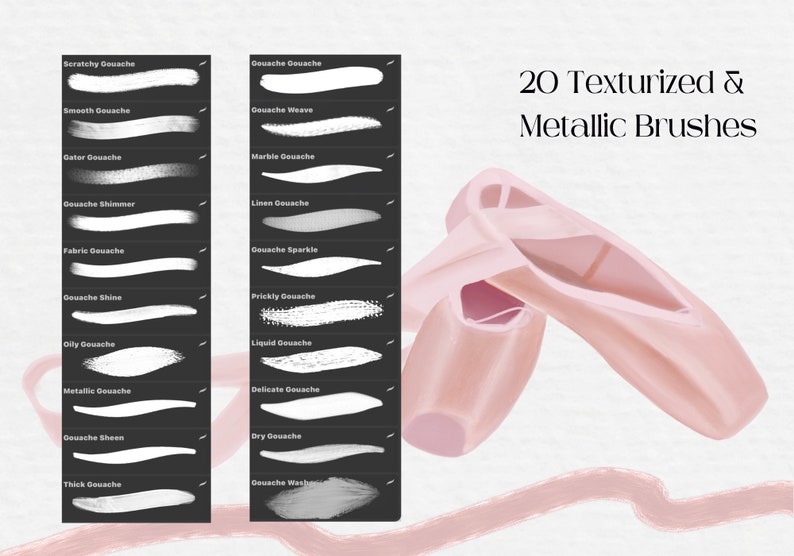 May include: A set of 20 digital gouache brushes for use in digital art programs. The brushes are shown as white strokes on a black background. The text "20 Texturized & Metallic Brushes" is displayed in the upper right corner of the image.