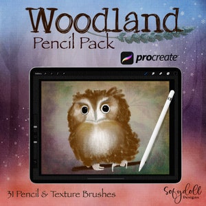 May include: A digital illustration of a brown owl with large eyes on a tablet screen. The text "Woodland Pencil Pack" and "Procreate" are visible on the screen. The image is a digital art product for use with the Procreate app.