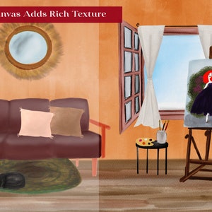 May include: A painting of a woman in a black dress with red hair, on an easel in a room with a couch, a window, and a mirror. The text "Paper Canvas Adds Rich Texture" is at the top of the image.