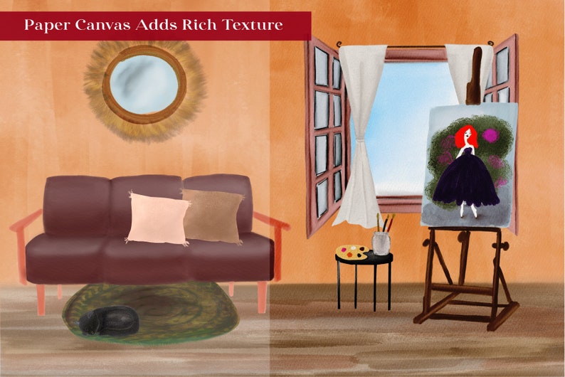 May include: A painting of a woman in a black dress with red hair, on an easel in a room with a couch, a window, and a mirror. The text "Paper Canvas Adds Rich Texture" is at the top of the image.