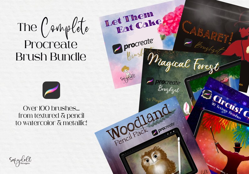 May include: A collection of Procreate brush sets for digital artists. The brush sets include "Let Them Eat Cake", "Cabaret", "Magical Forest", "Woodland Pencil Pack", and "Circus".