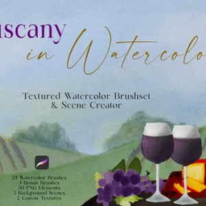 May include: Watercolor illustration of a Tuscan landscape with a bottle of wine, two glasses of wine, a plate of cheese, and a bunch of grapes. The illustration is part of a digital brush set and scene creator for Procreate.