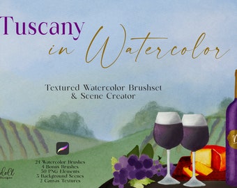 Tuscany in Watercolor Brushset for Procreate, Watercolor Brushes, Backgrounds, PNG Elements, Canvas Texture