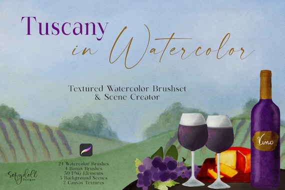 Tuscany in Watercolor Brushset for Procreate, Watercolor Brushes, Backgrounds, PNG Elements, Canvas Texture