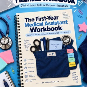 May include: A spiral-bound workbook titled The First-Year Medical Assistant Workbook by Sebastian Ley. The cover features a dark blue fabric pocket containing pens, scissors, and a notes card, alongside a stethoscope and colorful index tabs.