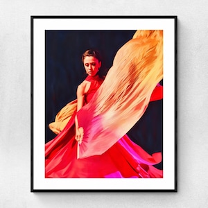 Impresión fotográfica de arte de bailarina de flamenco / Póster de bailarina española con vestido rojo / Arte mural de bailarina gitana