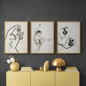 Dibujo de línea negra de bailarina de flamenco de gran formato. Lote de 3 láminas // Decoración de estudios y escuelas de danza