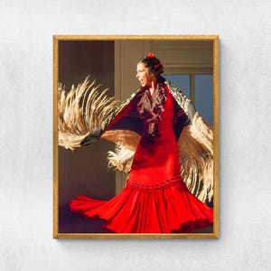 Impresión de arte mural de gran formato de bailarina de flamenco / Póster de bailarina española con vestido rojo / Arte mural de bailarina gitana