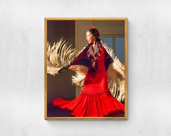 Large format Flamenco dancer wall art print | Spanish dancer in a red dress poster | Gitana dancer wall art