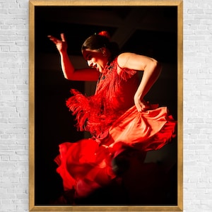 Impresión de gran formato de bailarina de flamenco con vestido rojo / Póster de bailarina española / Decoración de estudios y escuelas de danza