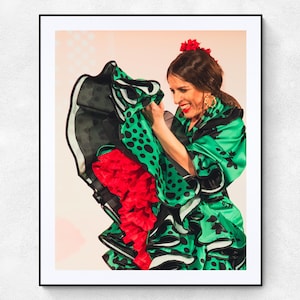 Impresión de bailarina de flamenco con vestido verde / Póster de bailarina española / Arte mural con ambiente de acuarela / Decoración de estudio y escuela de baile
