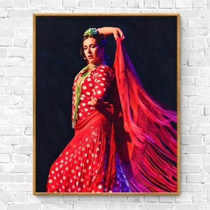 Impresión de bailarina de flamenco / Póster de bailarina española / Arte de pared con ambiente de acuarela / Decoración de estudio y escuela de baile