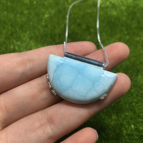 Natural Larimar Necklace Semicircle Shape with 925 Silver for Women ,One of a Kind from Dominican Republic for DIY Jewelry Making shops 3A Quality