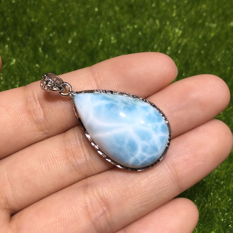 AAAAA Larimar Silver Pendant for Women Teardrop Shape 925 Sterling Silver One of a Kind from Dominican Republic DIY Jewelry Making Supply