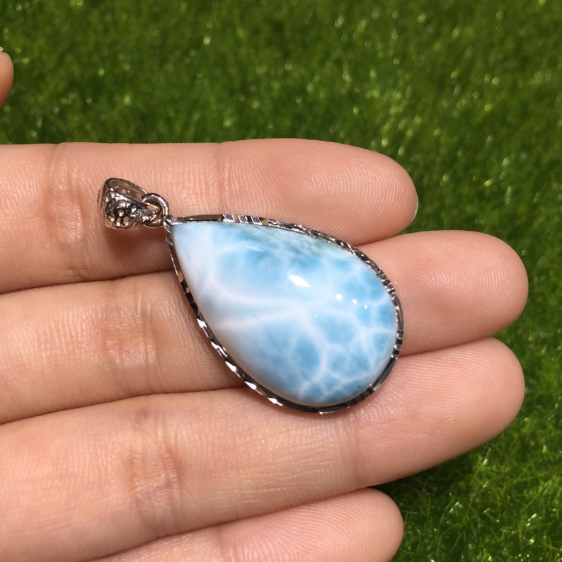 AAAAA Larimar Silver Pendant for Women Teardrop Shape 925 Sterling Silver One of a Kind from Dominican Republic DIY Jewelry Making Supply