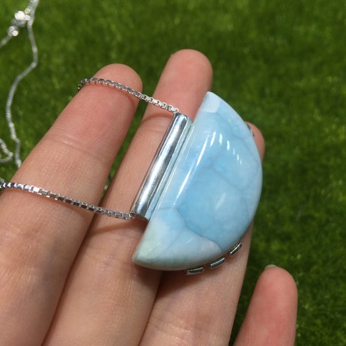 Natural Larimar Necklace Semicircle Shape with 925 Silver for Women ,One of a Kind from Dominican Republic for DIY Jewelry Making shops 3A Quality