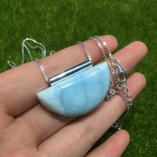 Natural Larimar Necklace Semicircle Shape with 925 Silver for Women ,One of a Kind from Dominican Republic for DIY Jewelry Making shops 3A Quality
