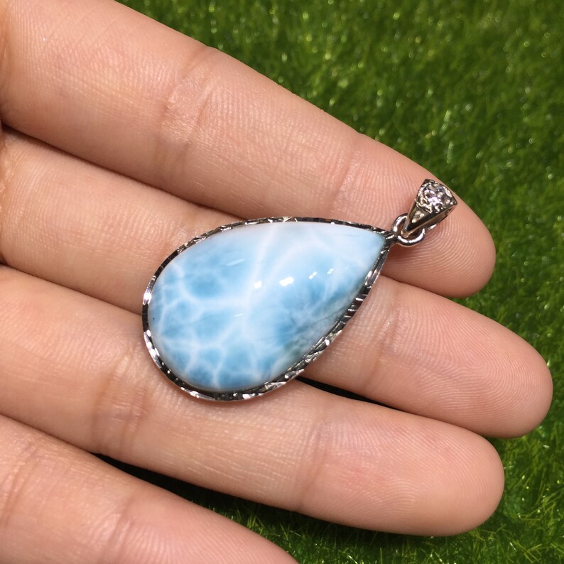 AAAAA Larimar Silver Pendant for Women Teardrop Shape 925 Sterling Silver One of a Kind from Dominican Republic DIY Jewelry Making Supply