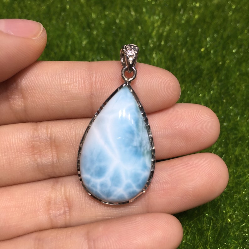 AAAAA Larimar Silver Pendant for Women Teardrop Shape 925 Sterling Silver One of a Kind from Dominican Republic DIY Jewelry Making Supply