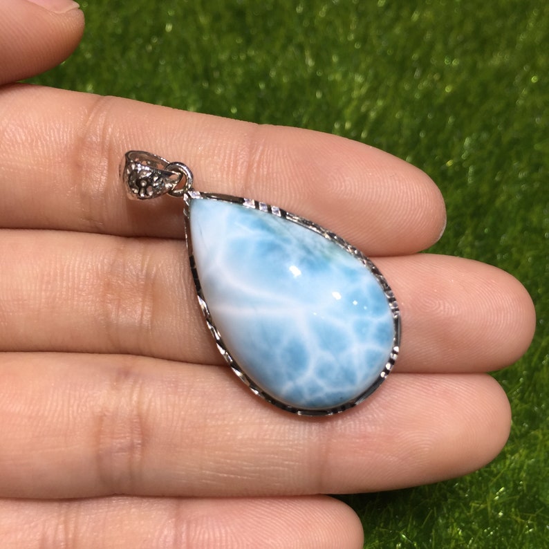 AAAAA Larimar Silver Pendant for Women Teardrop Shape 925 Sterling Silver One of a Kind from Dominican Republic DIY Jewelry Making Supply