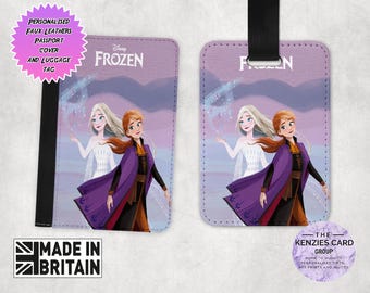 Personalised Matching Faux Leather Disney Passport Cover and Luggage tag, Travel Accessory Gift Set, Disney Frozen Disney Princess Elsa