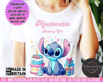 Camiseta personalizada para niños con texto en inglés "Stitch Birthday Girl", ropa unisex para niños y niñas