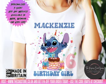 Camiseta personalizada para niños con texto en inglés "Stitch Birthday Girl", ropa unisex para niños y niñas