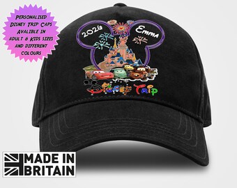 May include: A black baseball cap featuring a graphic of a castle, fireworks, and characters from the movie Cars. The design includes the text 2026, Emma, and Disney Trip. A pink starburst graphic on the left contains text about personalized caps.