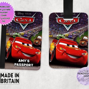 Gepersonaliseerde bijpassende Disney-paspoorthoes en bagagelabel van kunstleer, cadeauset reisaccessoires, Disney Pixar Cars-editie