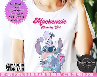 Camiseta personalizada para niños con texto en inglés "Stitch Birthday Girl", ropa unisex para niños y niñas