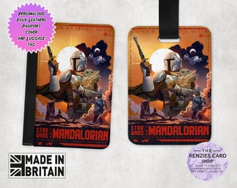 Personalised Matching Faux Leather Disney Passport Cover and Luggage tag, Travel Accessory Gift Set, Star Wars Mandalorian Grogu Edition