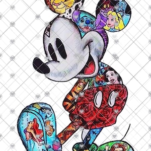 May include: A colorful illustration of Mickey Mouse with various Disney characters incorporated into his design. The characters include Simba, Stitch, Alice, the Mad Hatter, and Snow White.