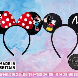 Personalised Minnie and Mickey Disney Theme Ears Wedding Honeymoon Headband Mr and Mrs His and Hers