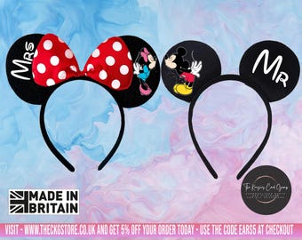 Personalised Minnie and Mickey Disney Theme Ears Wedding Honeymoon Headband Mr and Mrs His and Hers