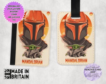 Personalised Matching Faux Leather Disney Passport Cover and Luggage tag, Travel Accessory Gift Set, Star Wars Mandalorian Grogu Edition
