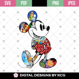 May include: A black and white outline of Mickey Mouse with a smiling face. Mickey's body is filled with images of various Disney characters, including Snow White, Cinderella, and Peter Pan.