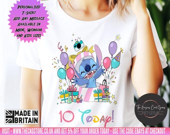 Camiseta personalizada para niños con texto en inglés "Stitch Birthday Girl", ropa unisex para niños y niñas