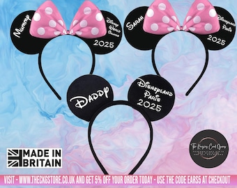 Personalised Disney Theme Minnie Mickey Family Ears Headband Reveal - Disney Trip Headband - Disneyland Paris - Disney World Headband