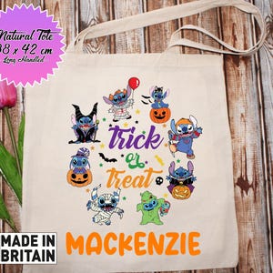 May include: A natural tote bag with long handles, measuring 38 x 42 cm. The bag features a colorful design with multiple cartoon Stitch characters from the Disney movie Lilo & Stitch. The characters are dressed in Halloween costumes and the text "trick or treat" is written in a whimsical font. The bag is personalized with the name "MACKENZIE".