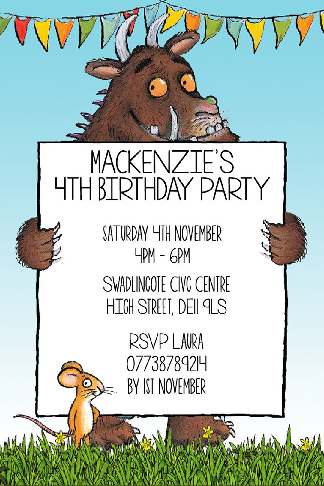 Personalised GRUFFALO THEME Birthday Party Invitations the Gruffalo Party Invites Children Etsy