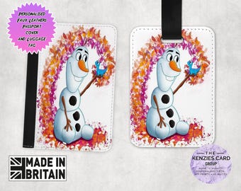 Personalised Matching Faux Leather Disney Passport Cover and Luggage tag, Travel Accessory Gift Set, Disney Frozen Disney Princess Elsa