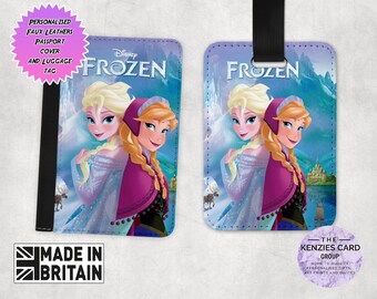 Personalised Matching Faux Leather Disney Passport Cover and Luggage tag, Travel Accessory Gift Set, Disney Frozen Disney Princess Elsa