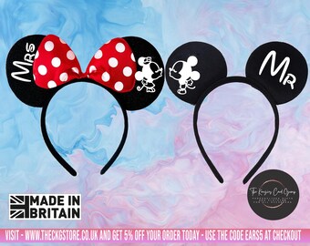 Personalised Minnie and Mickey Disney Theme Ears Wedding Honeymoon Headband Mr and Mrs His and Hers
