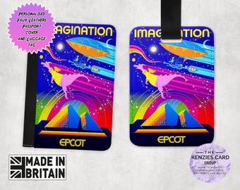 Personalised Matching Faux Leather Disney Passport Cover and Luggage tag, Travel Accessory Gift Set, Epcot Figment Edition