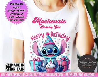 Camiseta personalizada para niños con texto en inglés "Stitch Birthday Girl", ropa unisex para niños y niñas